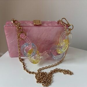 ASOS Pink Acrylic Box Clutch with Multicolor Beaded Chain